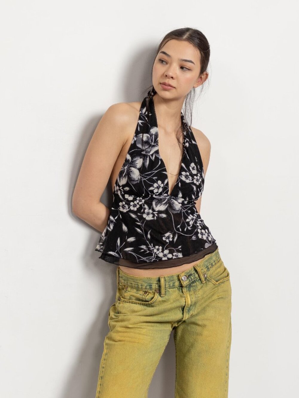 MESH FLORAL HALTER Top Vintage Backless Tie Up Low Cut Y2K / Small